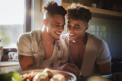 Feliz Y Sexy Pareja Gay Joven Cocinando Comida Juntos En Casa Foto Premium