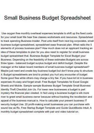 Sample Small Business Budget - 7+ IN PDF