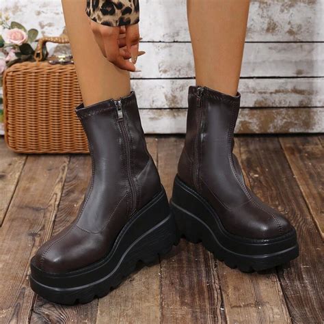 Women Nude Ankle Boots With Chunky Heels Side Zipper Short Boots Minimalist Brown Color