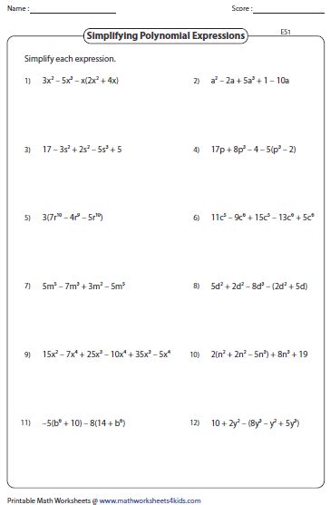 Simplifying Algebraic Expression Worksheets