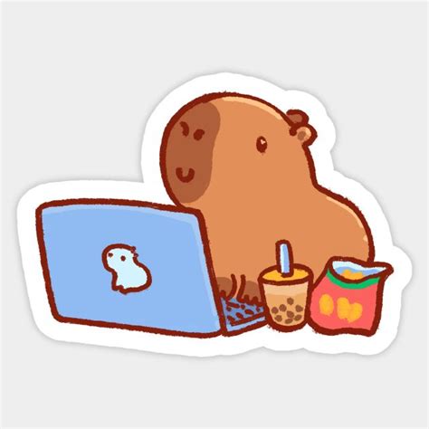 Capybara On A Laptop With Snacks And Drink By Tinyarts Cute Doodles