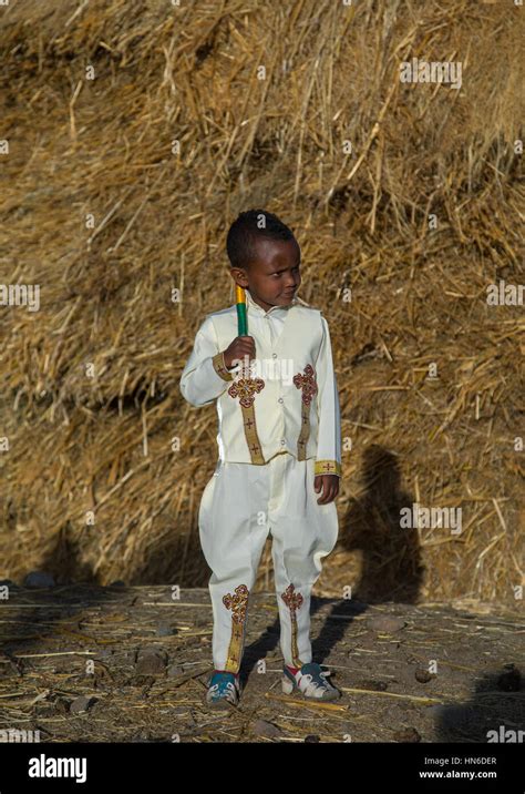 Ethiopian Boy In Traditional Clothing During Timkat Epiphany Stock