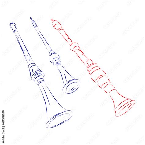 Continuous line drawing of three types of shawm, the ancestor of oboe ...