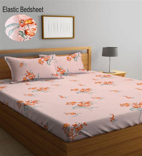 Buy Pink Floral 300 TC Cotton Blend Double Bedsheet With 2 Pillow