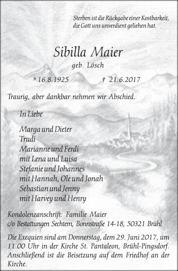 Traueranzeigen Von Sibilla Maier WirTrauern