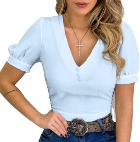 Jofemuho Blusa De Manga Corta Con Cuello En V Para Mujer Azul Claro M