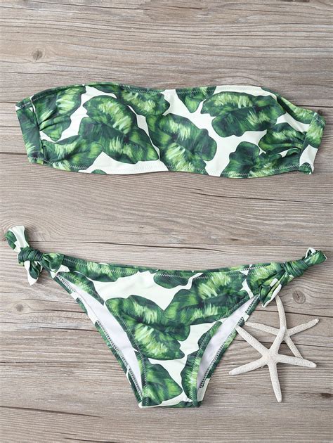 [41 Off] 2021 Strapless Leaf Print Ruched Bikini Set In Green Dresslily