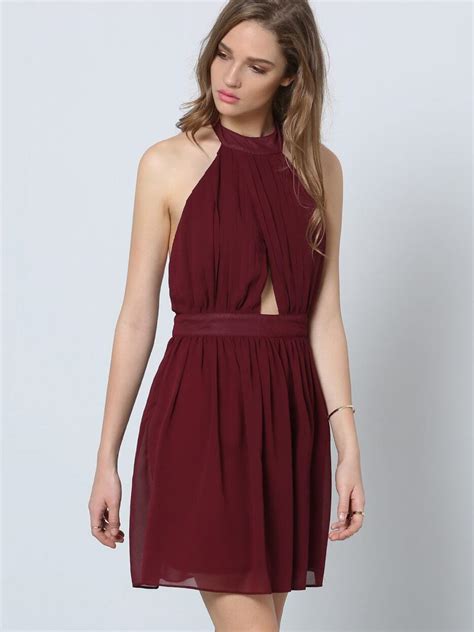 Burgundy Halter Sleeveless Cut Out Pleated Dress Shein Sheinside