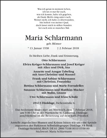 Traueranzeigen Von Maria Schlarmann Om Trauer De