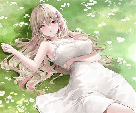 Blonde Lying On Back Anime Anime Girls Grass Flowers Dress White