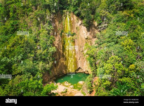 Scenic Aerial View Of El Limon Waterfall In Jungles Of Samana Peninsula