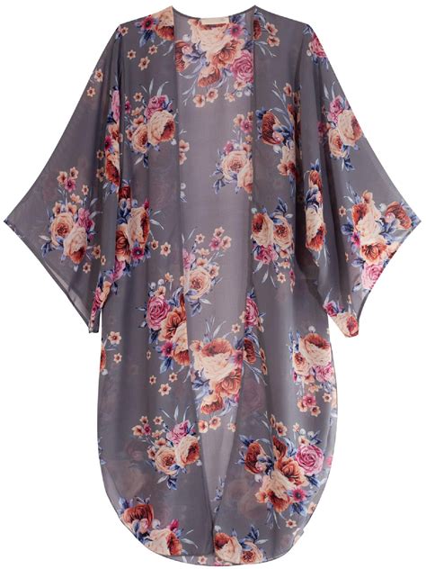 Made By Olivia Made By Olivia Womens Open Front Floral Print Kimono Cover Up Sheer Chiffon