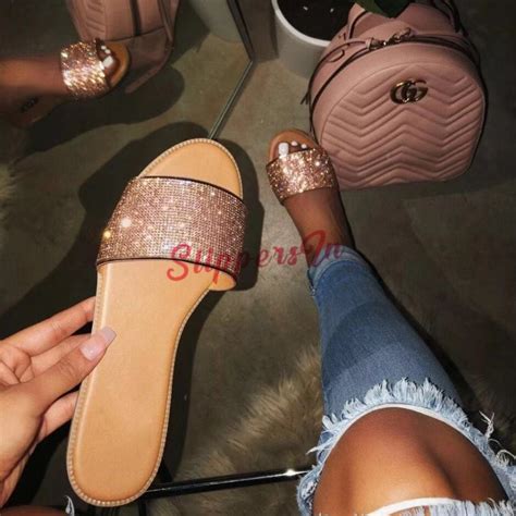 Sparkly Rhinestone Slides Flat Sandals For Women