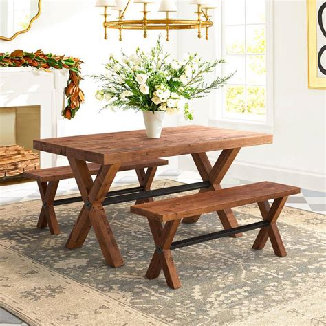 LUE BONA 3-Piece 59 in. L Rectangular Light Brown Solid Wood Dining ... 