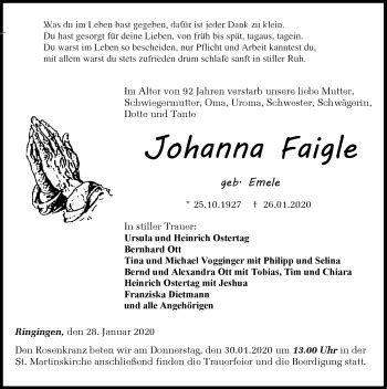 Traueranzeigen Von Johanna Faigle Schwarzw Lder Bote Trauer