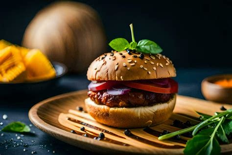 Un Hamburguesa Con Vegetales Y Papas Fritas En Un De Madera L Mina