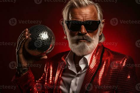 old man grey beard hold vintage disco ball dance funky wear santa x-mas ...