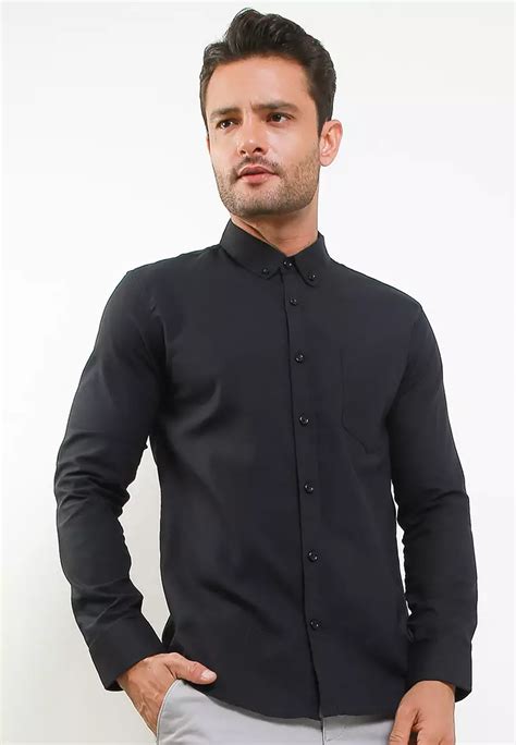 Jual Cotton Well Cotton Well Long Sleeve Oxford Black Kemeja Lengan