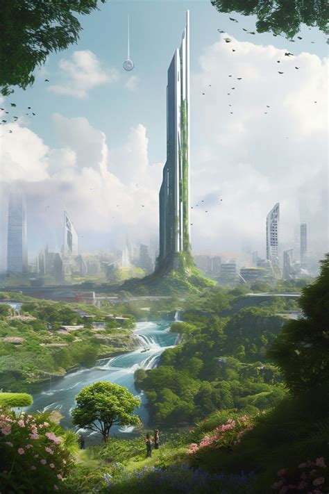 Futuristic Cityscape With Greenery And Birds