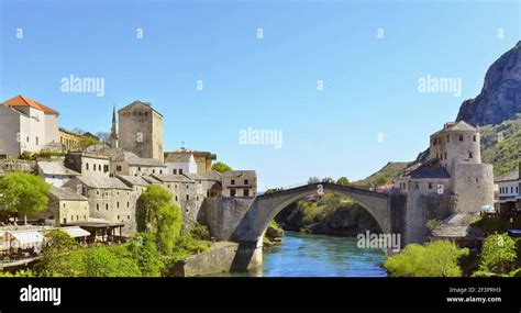 Historic Old Bridge Over Neretva River In Mostar Bosnia And Herzegovina