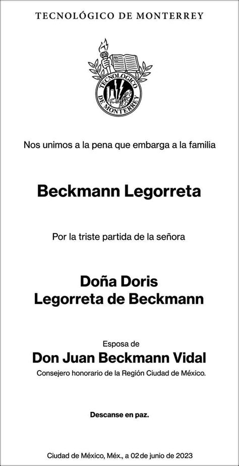 Se Ora Doris Legorreta De Beckmann Obituario Esquela