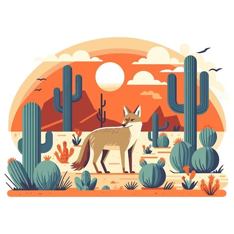 Raposa curiosa em paisagem desértica ilustração plana cactos e