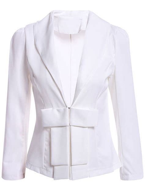 27 Off Vintage Lapel Neck Bow Embellished Slimming Long Sleeve White Blazer For Women Rosegal