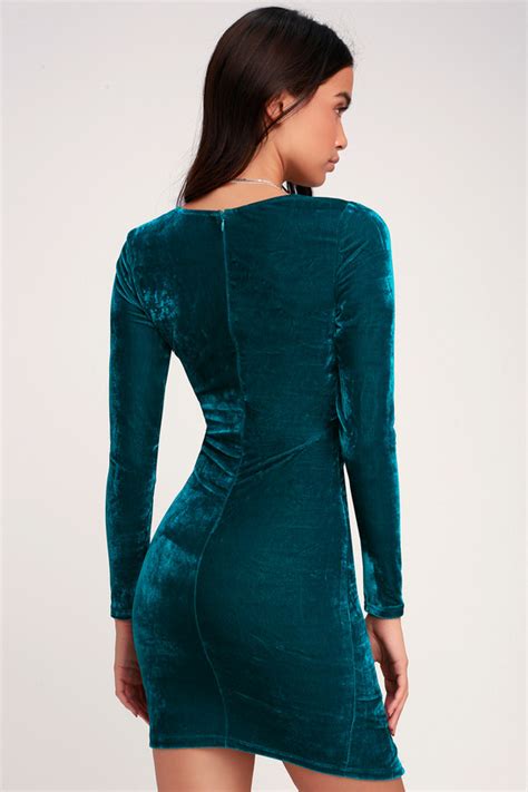 Sexy Velvet Dress Teal Blue Dress Ruched Long Sleeve Dress Lulus