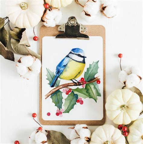 Carte De Noël Aquarelle Mésange Et Houx Xmas Diy Watercolor