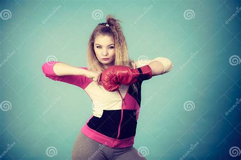 Funny Girl In Red Gloves Playing Sports Boxing Stock Image Image Of