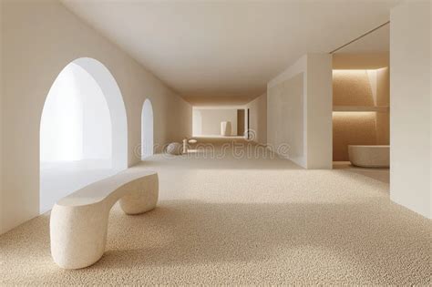 An Interior Of A White Living Room With A Blank Wall And A Sofa Stock