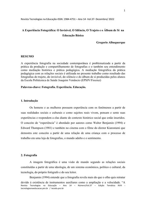 Pdf A Experi Ncia Fotogr Fica O Invis Vel O Sil Ncio O Trajeto E O