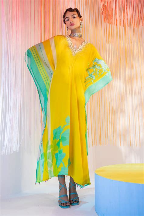 Buy Yellow Crepe Print And Embroidery Floral V Neck Kaftan For Women By