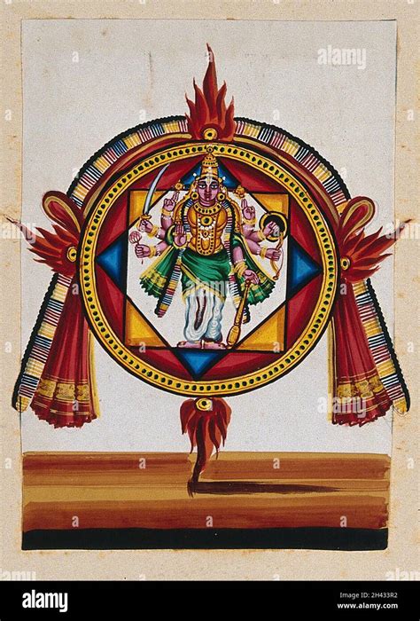 A chakra with an image of Lord Vishnu in the center. Gouache painting by an Indian artist Stock ...