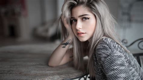 Ivan Gorokhov Women Hazel Eyes Tattoo Face White Hair Depth Of Field