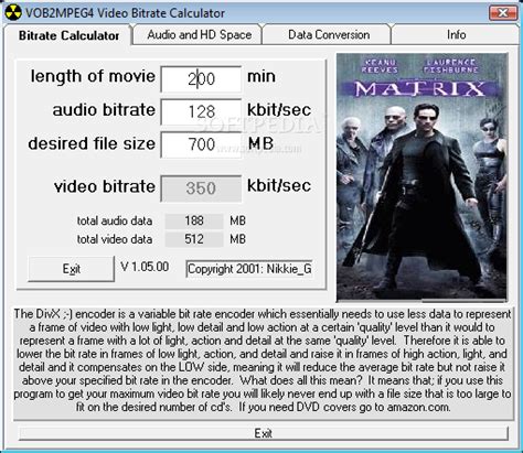 VOB2MPEG4 Video Bitrate Calculator 1.05.00 - Download, Review, Screenshots