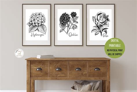 Set Of 3 Prints Black And White Floral Floral Wall Art Decor Etsy