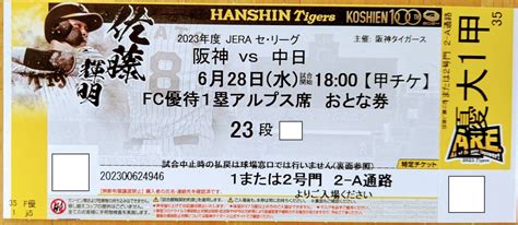 6月28日 水 2023 セ リーグ 阪神タイガースvs中日ドラゴンズ 甲子園球場 1塁アルプス指定席23段1枚阪神 対 中日｜売買された