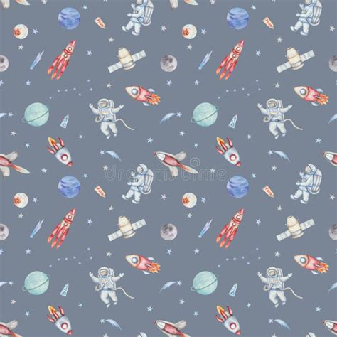 Watercolor Illustration Seamless Pattern From Hand Painted Spacemen