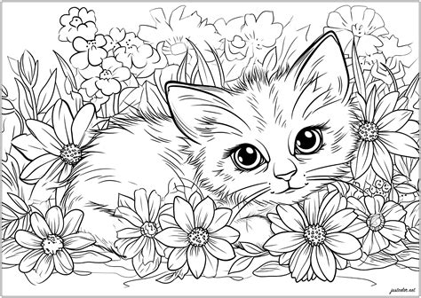 Little Cat To Color Surrounded By Pretty Flowers Cat Coloring Pages For Adults