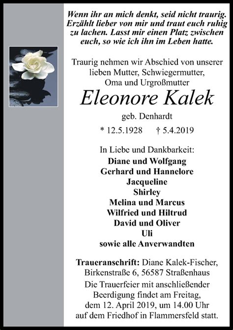 Traueranzeigen Von Eleonore Kalek Rz Trauer De