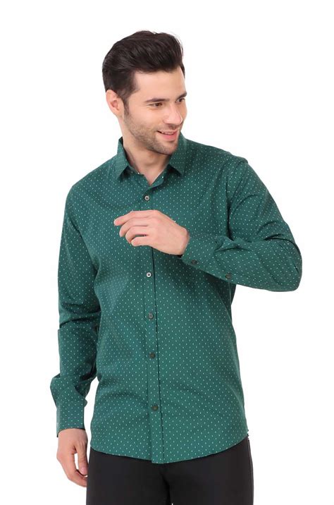 Buy Green Printed Slim Fit Formal Shirt - Cutaway Style Collar Shirt Online