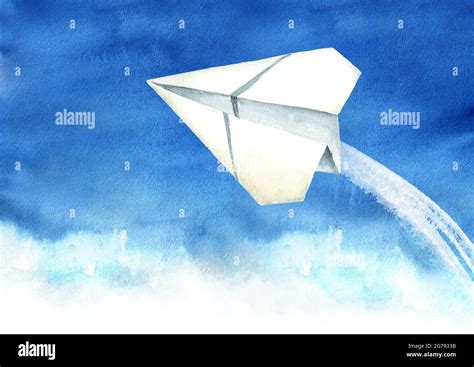 Paper plane in the blue sky, Travel concept, Watercolor hand drawn ...