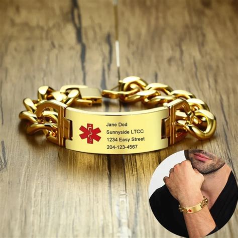 Personalized Stainless Steel Medical Alert Id Bracelet For Men Engravable Name Tag Cuban Link