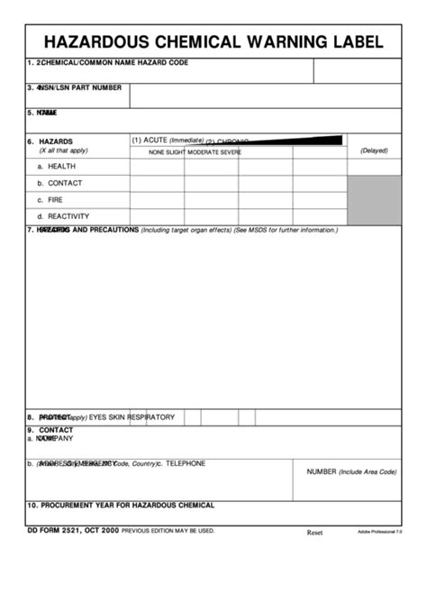 Dd Form 2521 Hazardous Chemical Warning Label Printable Pdf Download