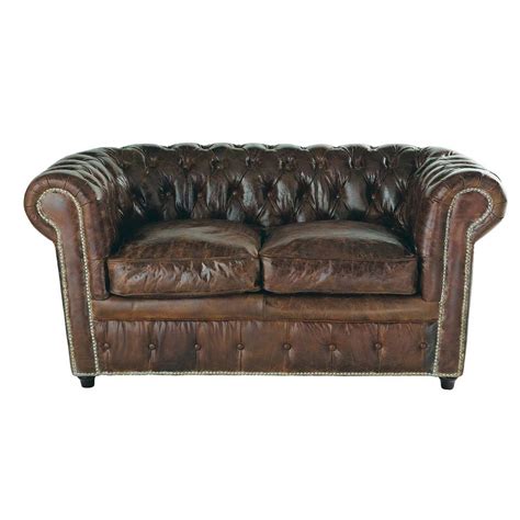 Canapé capitonné Chesterfield 2 places en cuir marron Vintage Maisons