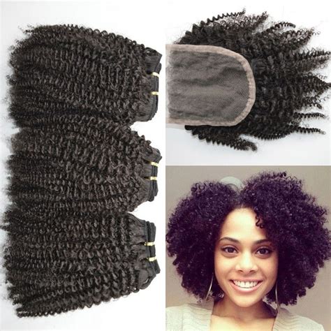 4a4b4c Afro Kinky Curly Human Hair Weave Bundles With Lace Closure Natural Black Free Middle