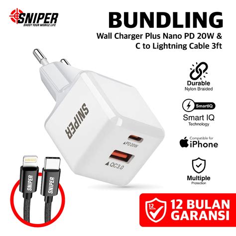 Jual Bundling Sniper Wall Charger Nano Cable Nylon C To Lightning