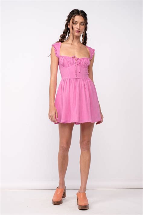 Pink Dress Bustier Ruffle Strap Mini Dress Boho Pink