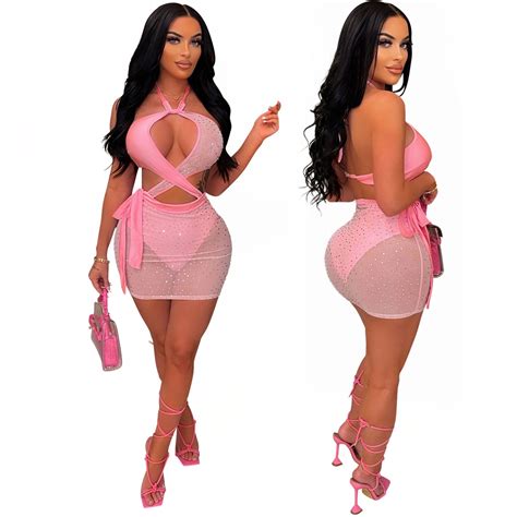 Hot Style Sexy Hollow Hanging Neck Perspective Hot Drill Bag Hip Slim Dress Nightclub Party Style